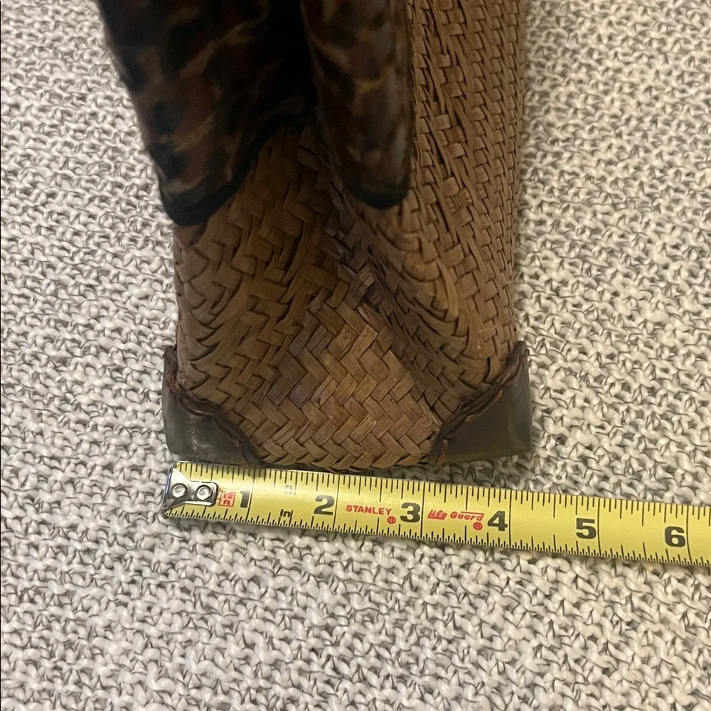 Woven Womens Brown Tan Straw Rattan Leopard Animal Print Wood Handle Handbag